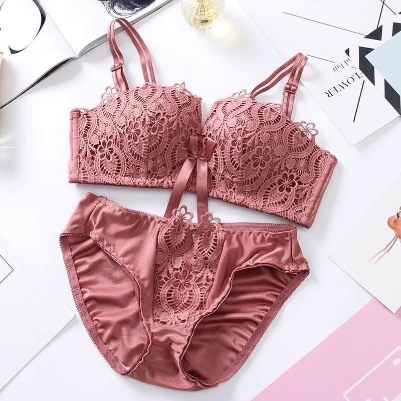 Without underwire bra set Girl’s double strap three-breasted lace bra set