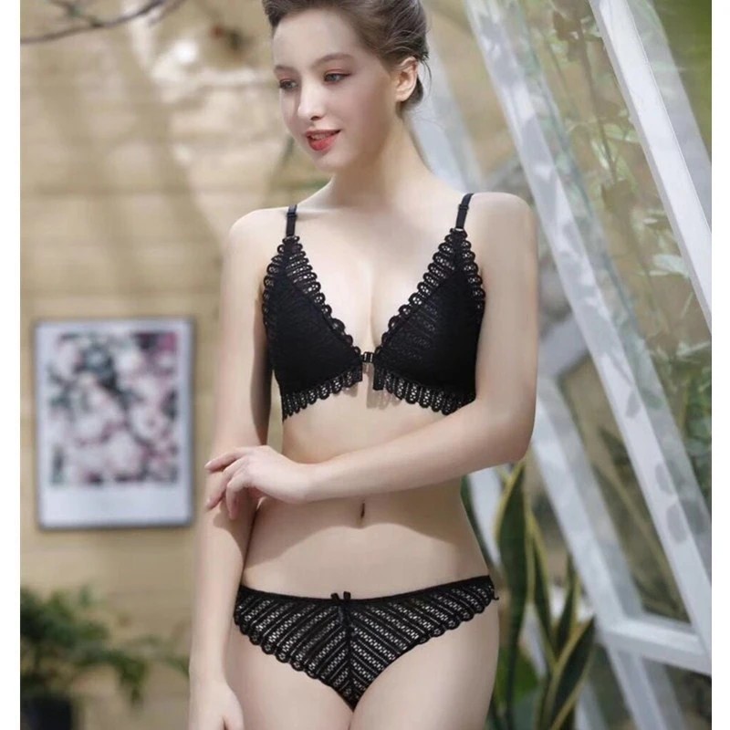 Women Sexy No Steel Ring Wire Free Bra Lace Floral Briefs Underwear Triangle Cup Bra Set