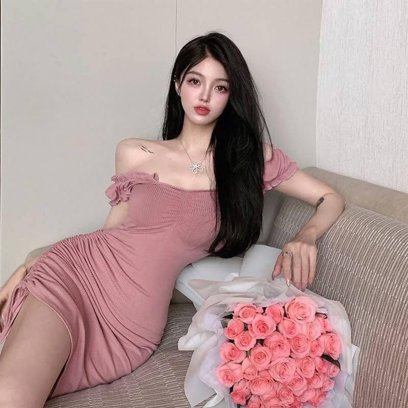 One Line Neck Slim Fit Drawstring Bubble sleeve Sexy short sleeve dress