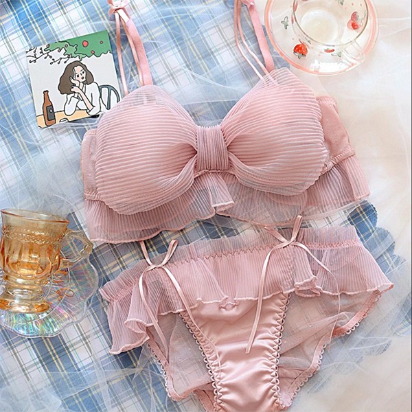Romantic Bow Lace Ribbon Bra Panty Set